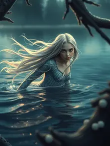 湖水月光下躍動人魚與神秘深影