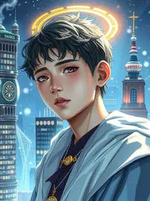 Awọn angẹli pẹlu awọn iyẹ wọọlu n fo laarin awọn irawọ ti ilu ti o gbe.
